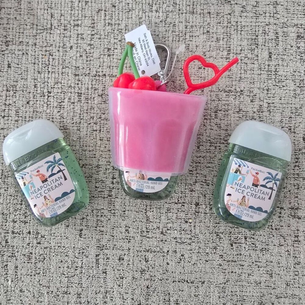 Neapolitan Ice Cream PocketBac Set 3 Sanitizers with Pink Sundae Holder NWT